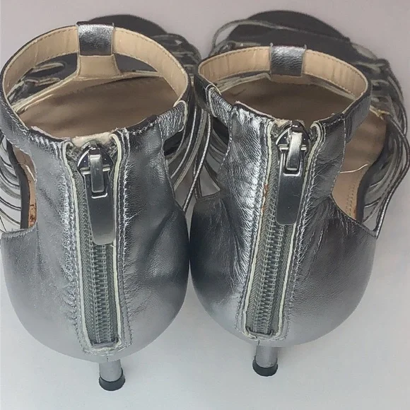 Enzo Angiolini Silver Strappy Leather Heels Elegant Design  Zipper Back 7 1/2M - Picture 2 of 15